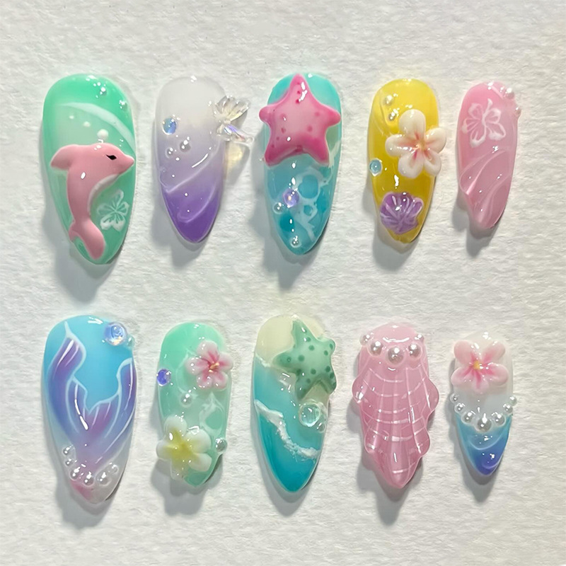 Decorating Tip Set - 30 Stück Sommer-Press-on-Nägel, 3D-Ozean-Seestern-Muschel-Dekor, gefälschte Nagelspitzen,