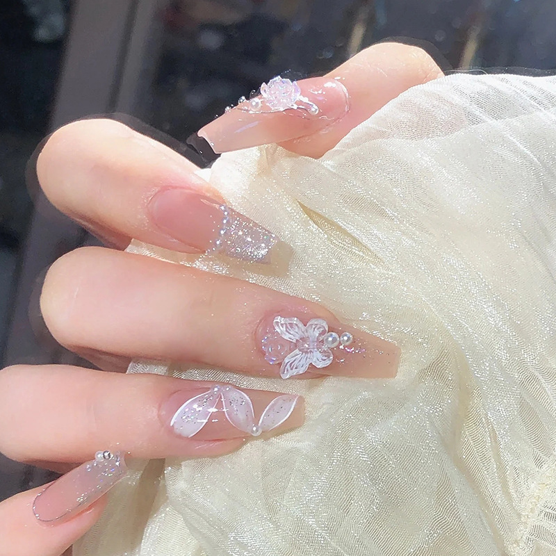 Decorating Tip Set - 24 Stück Nude Press-on-Nägel mit 3D-Kristall-Schmetterlings-