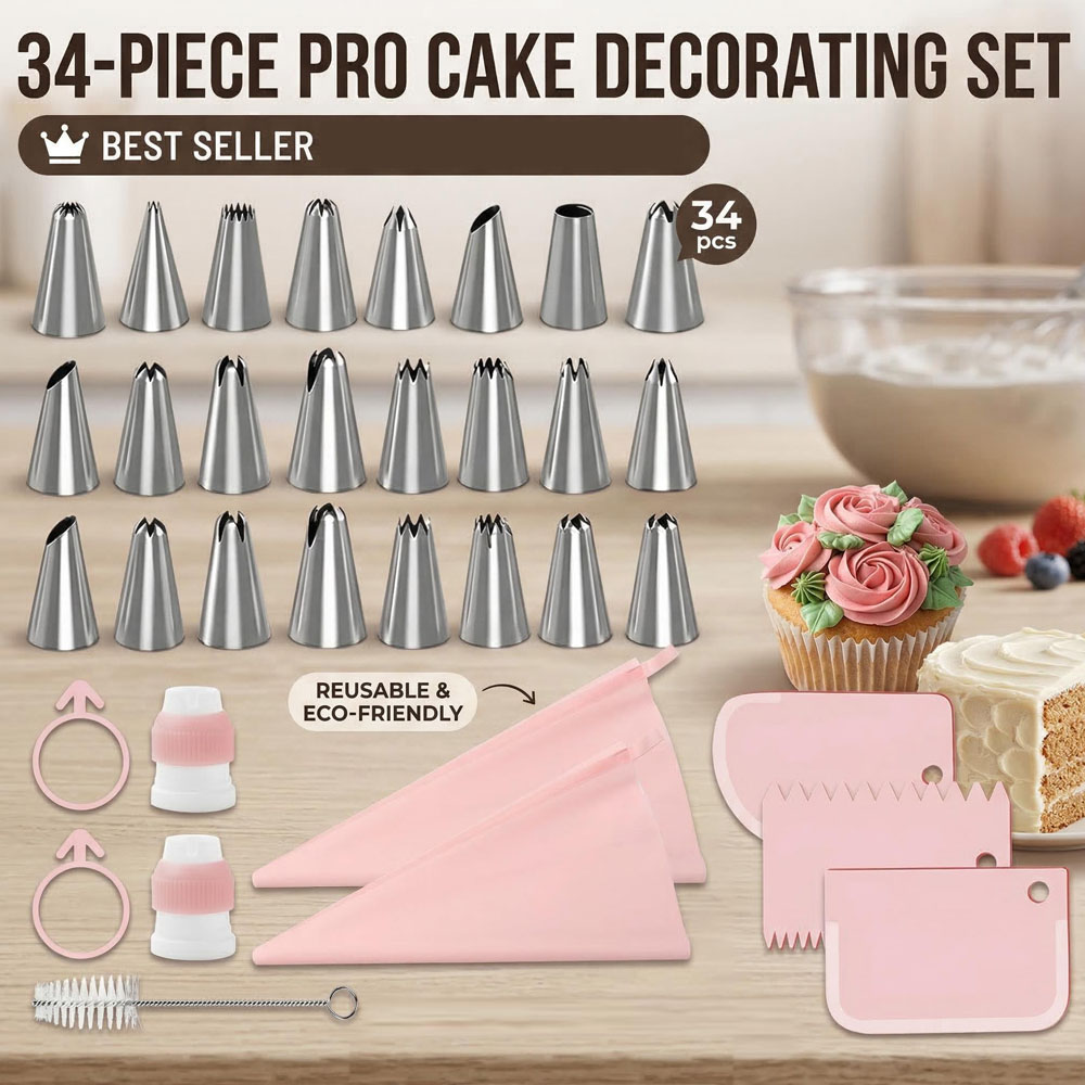 Decorating Tip Set - 34-teiliges Spritztüllen-Set mit TPU-Taschen & Schabern