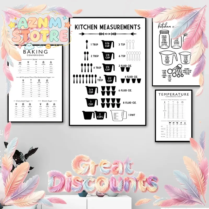 Kitchen Baking Conversion Chart - Minimalistische Lebensmittel-Küchen-Maße-Backumrechnungstabellen Leinwandbild Poster Druck Wandkunst