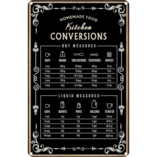 Kitchen Baking Conversion Chart - Küchen-Umrechnungstabelle, Metallschilder zum Backen, Wanddekoration, Vintage-Chic-Metallposter-Schild